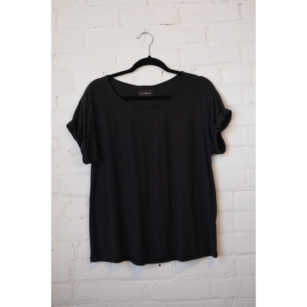 LL Bean Womens Small Petite Black Tencel Blend Cuffed Sleeve Scoop Neck Top